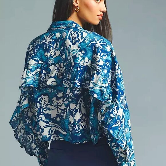 Anthropologie Pilcro Batwing Oversized Ruffle Blouse In Blue Multi XS EUC - Picture 2 of 15